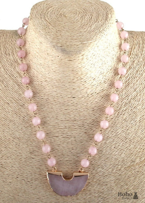 Boho Necklace, RH Rose Quart Amazonite, Half Moon Pink Natural Stone